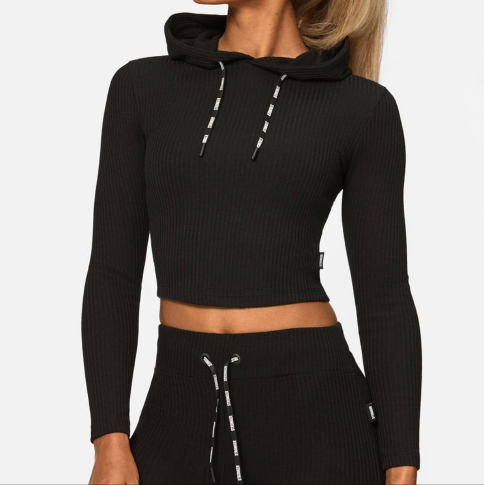 Stronger Cush Black Cropped Ribbed Hoodie Size XLARGE